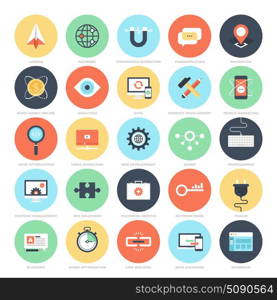 Abstract vector set of colorful flat SEO and development icons. Creative concepts and design elements for mobile and web applications.