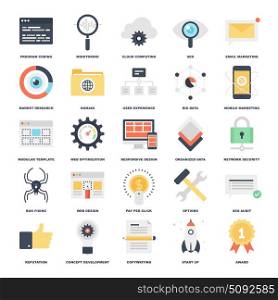 Abstract vector set of colorful flat SEO and development icons. Creative concepts and design elements for mobile and web applications.