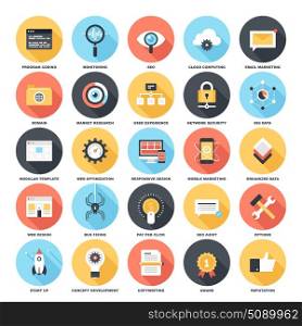 Abstract vector set of colorful flat SEO and development icons with long shadow. Creative concepts and design elements for mobile and web applications.