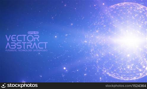 Abstract vector space blue background. Chaotically connected points and polygons flying in space. Flying debris. Futuristic technology style. Elegant background for business presentations.