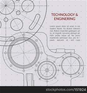 Abstract vector technology and engineering background with technical, mechanical drawing blueprint. Banner with mechanism engineering, blueprint structure of mechanism illustration. Abstract vector technology and engineering background with technical, mechanical drawing blueprint