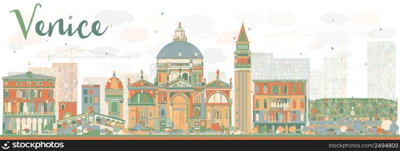 Abstract Venice Skyline Silhouette with Color Buildings. Vector Illustration. Business Travel and Tourism Concept with Historic Buildings. Image for Presentation Banner and Placard.