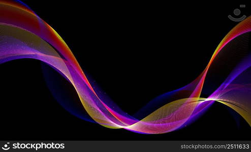 Abstract vibrant color neon wave lines with particles glowing dots on black background. Dynamic technology futuristic wallpaper. Vector illustration