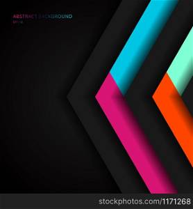 Abstract vibrant color triangle geometric overlap layer on black background technology concept. Arrow shape direction colorful template for cover brochure, poster, banner web, flyer, presentation, etc. Vector illustration