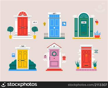 Abstract vintage doors. Entrance with door ring, house number and windows. Vector set interior various colourful facades door. Abstract vintage doors. Entrance with door ring, house number and windows. Vector set