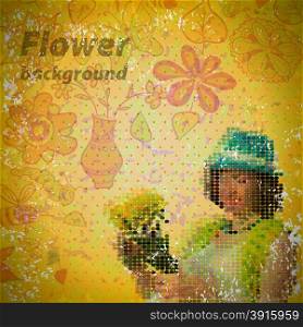 Abstract vintage shabby background with flowers and a woman