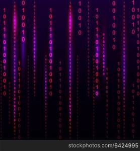 Abstract violet matrix background with columns of numbers, glow. Vector illustration