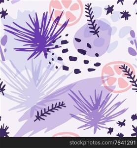 Abstract violet winter seamless pattern with pine branch and citrus fruit. Decorative seasonal vector background