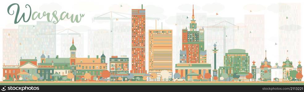 Abstract Warsaw skyline with color buildings. Vector illustration. Business travel and tourism concept with modern buildings. Image for presentation, banner, placard and web site.