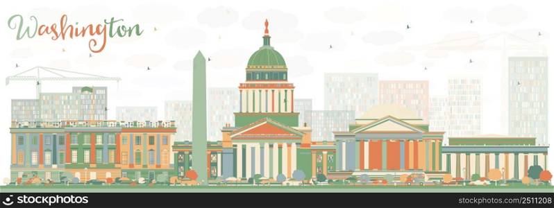 Abstract Washington DC Skyline with Color Buildings. Vector Illustration. Business Travel and Tourism Concept with Historic Buildings. Image for Presentation Banner Placard and Web Site.