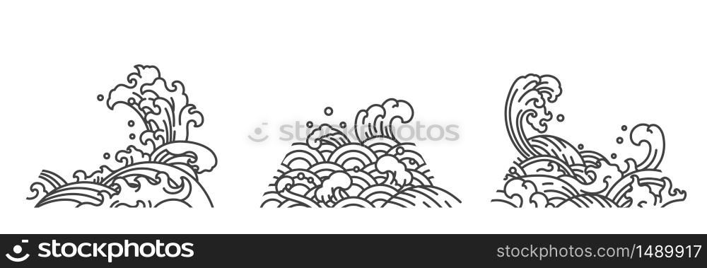 Abstract water wave vector. Vector illustration. Thai, Japanese wave ocean style art set.