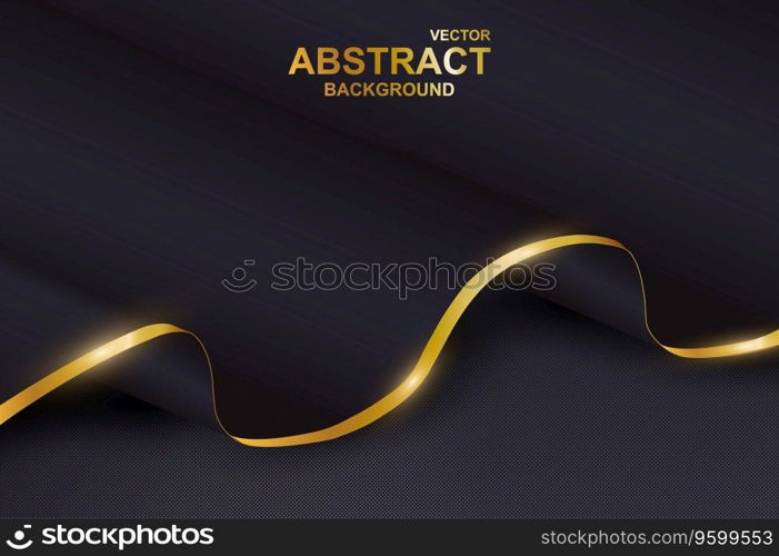 Abstract wave background. Black wavy smooth paper with golden border lies on dark backdrop. Elegant wallpaper with realistic gold metallic line on paper. Luxury banner design. Vector illustration