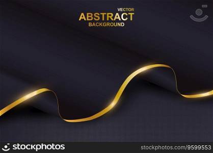Abstract wave background. Black wavy smooth paper with golden border lies on dark backdrop. Elegant wallpaper with realistic gold metallic line on paper. Luxury banner design. Vector illustration