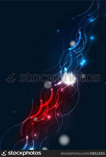 Abstract wave color glowing lines in dark space with stars and light effects. Abstract color glowing lines in dark space with stars and light effects. Futuristic wave background with copyspace for your message