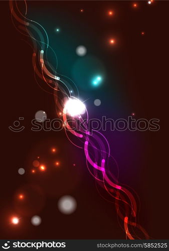 Abstract wave color glowing lines in dark space with stars and light effects. Abstract color glowing lines in dark space with stars and light effects. Futuristic wave background with copyspace for your message