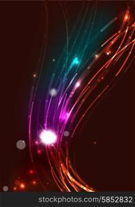Abstract wave color glowing lines in dark space with stars and light effects. Abstract color glowing lines in dark space with stars and light effects. Futuristic wave background with copyspace for your message