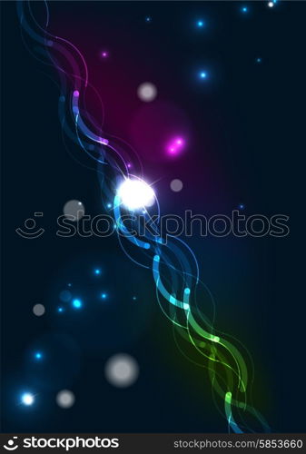 Abstract wave color glowing lines in dark space with stars and light effects. Abstract color glowing lines in dark space with stars and light effects. Futuristic wave background with copyspace for your message