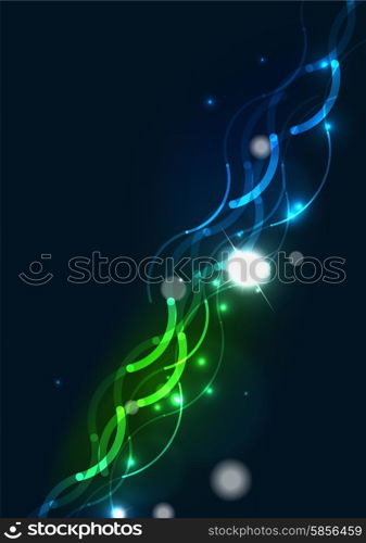 Abstract wave color glowing lines in dark space with stars and light effects. Abstract color glowing lines in dark space with stars and light effects. Futuristic wave background with copyspace for your message