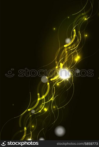 Abstract wave color glowing lines in dark space with stars and light effects. Abstract color glowing lines in dark space with stars and light effects. Futuristic wave background with copyspace for your message