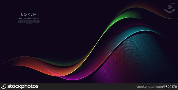 Abstract wave colorful lines on dark blue background. Vector illustration