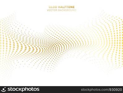 Abstract wave curve distort gold dots pattern halftone on white background luxury style elements. Vector illustration