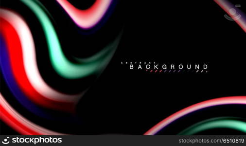 Abstract wave lines fluid rainbow style color stripes on black background. Artistic illustration for presentation, app wallpaper, banner or poster. Abstract wave lines fluid rainbow style color stripes on black background. Vector artistic illustration for presentation, app wallpaper, banner or poster