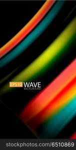 Abstract wave lines fluid rainbow style color stripes on black background. Artistic illustration for presentation, app wallpaper, banner or poster. Abstract wave lines fluid rainbow style color stripes on black background. Vector artistic illustration for presentation, app wallpaper, banner or poster