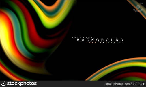 Abstract wave lines fluid rainbow style color stripes on black background. Artistic illustration for presentation, app wallpaper, banner or poster. Abstract wave lines fluid rainbow style color stripes on black background. Vector artistic illustration for presentation, app wallpaper, banner or poster