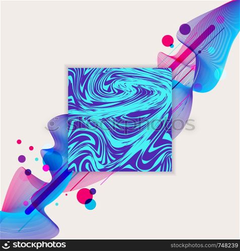 Abstract wave liquid blue and purple color and colorful circle geometric pattern design background. Square marble label. Use for modern design, cover, poster, template, decorated, brochure, flyer. Vector illustration