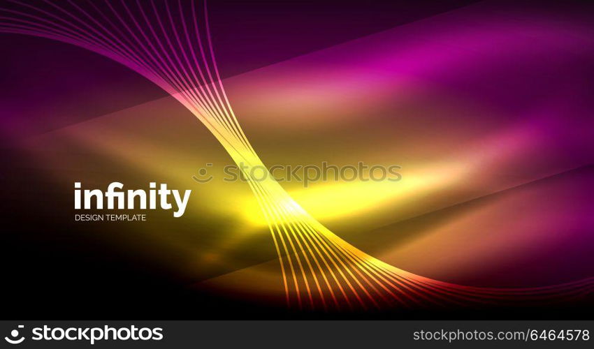 Abstract wave on dark background, shiny glowing neon digital background template. Abstract wave on dark background, shiny glowing neon digital background template. Vector illustration