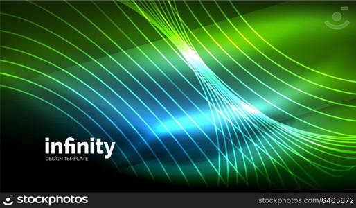 Abstract wave on dark background, shiny glowing neon digital background template. Abstract wave on dark background, shiny glowing neon digital background template. Vector illustration