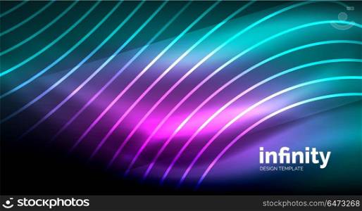 Abstract wave on dark background, shiny glowing neon digital background template. Abstract wave on dark background, shiny glowing neon digital background template. Vector illustration