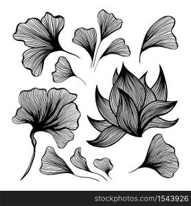 Abstract waves black and white line art decoration set for wallpaper and wall art design. Use for laser cutting. Modern contour drawign elements floral collection. Abstract waves black and white line art decoration set for wallpaper and wall art design. Use for laser cutting.