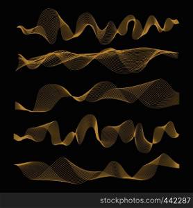 Abstract waves vector set on black background. Illustration of curve wave line, creative smooth digital waveform. Abstract waves vector set on black background