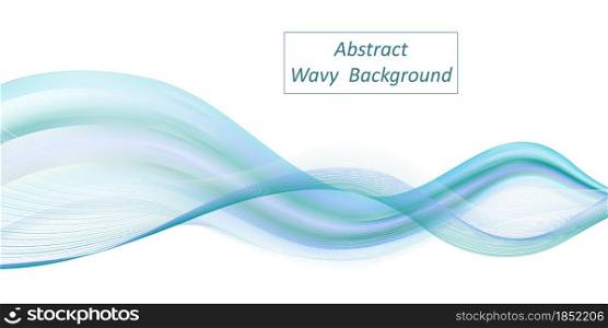 Abstract wavy background, sea water blue and teal twisted waves. Undulate dynamic curve swirl isolated. Modern trendy design for banner or poster. Smooth colr flow. Vector illustration