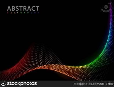 Abstract Wavy Dotted Mesh in Rainbow Colors on Black Background - Colorful Technology Style in a Illustration with Light Effects, Vector