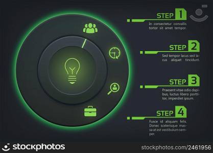 Abstract web infographic concept with round button green backlight options and icons on dark background vector illustration. Abstract Web Infographic Concept