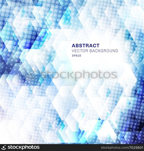 Abstract white and blue geometric hexagons shapes overlapping background with dots halftone. Technology concept. Vector illustration