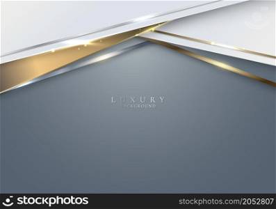 Abstract white and golden stripes geometric shapes with shiny gold and silver lines on gray background template luxury style. Vector illustration