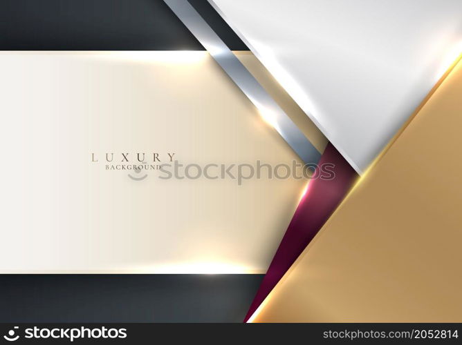 Abstract white and golden stripes triangles shapes with shiny gold tab lighting effect on grey background template luxury style. Vector illustration