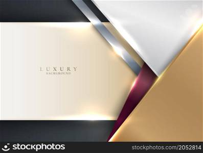 Abstract white and golden stripes triangles shapes with shiny gold tab lighting effect on grey background template luxury style. Vector illustration