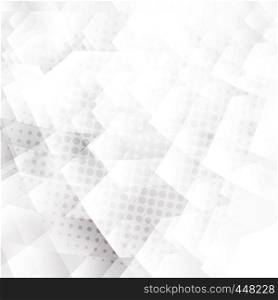 Abstract white and gray geometric hexagons shapes overlapping background with halftone effect. Vector illustration