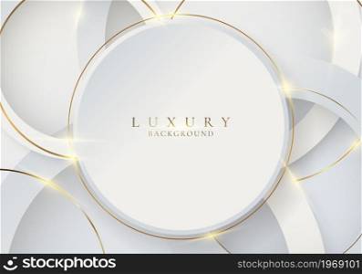 Abstract white circles with golden circle lines and lighting effect on clean background luxury style. Vector graphic illustration