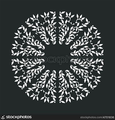 Abstract white color frame design, isolated template on black background. Circle made emblem with leaves. Spa concept monogram, natural badge. Vector decoration for fashion, cosmetics, beauty industry.