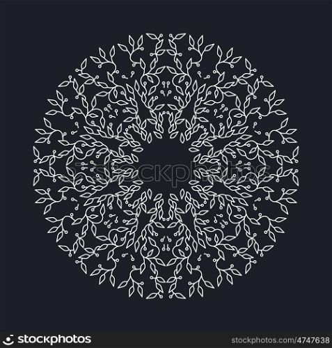 Abstract white color frame design, isolated template on black background. Circle made emblem with leaves. Spa concept monogram, in linear style. Vector decoration for fashion, cosmetics, beauty industry.