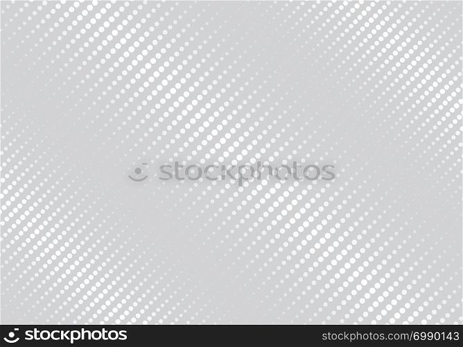Abstract white color geometric stripes oblique halftone texture gray background. Circles pattern. Vector illustration