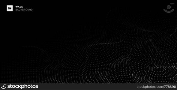 Abstract white dots waves pattern futuristic on black background. Vector illustration