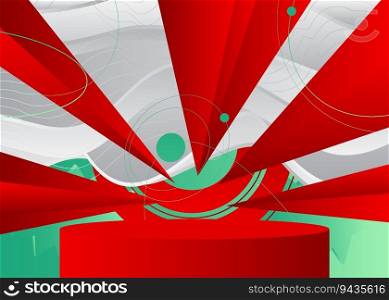 Abstract white, red and turquoise stage showcase. Vector mockup product display for presentation. Minimal geometric 3D cylinder pedestal podium.