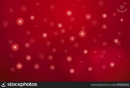 Abstract white snow flake falling from sky on red background. Merry Christmas and happy new year day concept. Beautiful Xmas decoration card glitter element theme. World holiday and seasonal theme.