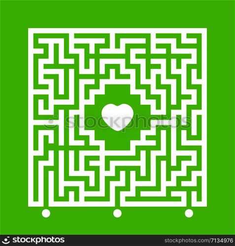 Abstract white square maze. Find the right path to the heart. Labyrinth conundrum. Love search concept. Flat vector illustration isolated on color background. Abstract white square maze. Find the right path to the heart. Labyrinth conundrum. Love search concept. Flat vector illustration isolated on color background.